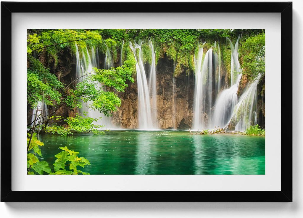 Natur - See, Wasserfall und Vegetation– Wandbild mit Rahmen – Gerahmtes Bild – Wanddekoration – 60x40 cm – Schwarz Rahmen