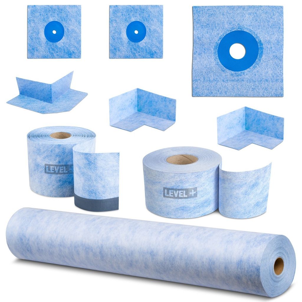 A collage of various waterproofing products for construction, including corner pieces, seals, and rolls of tape.