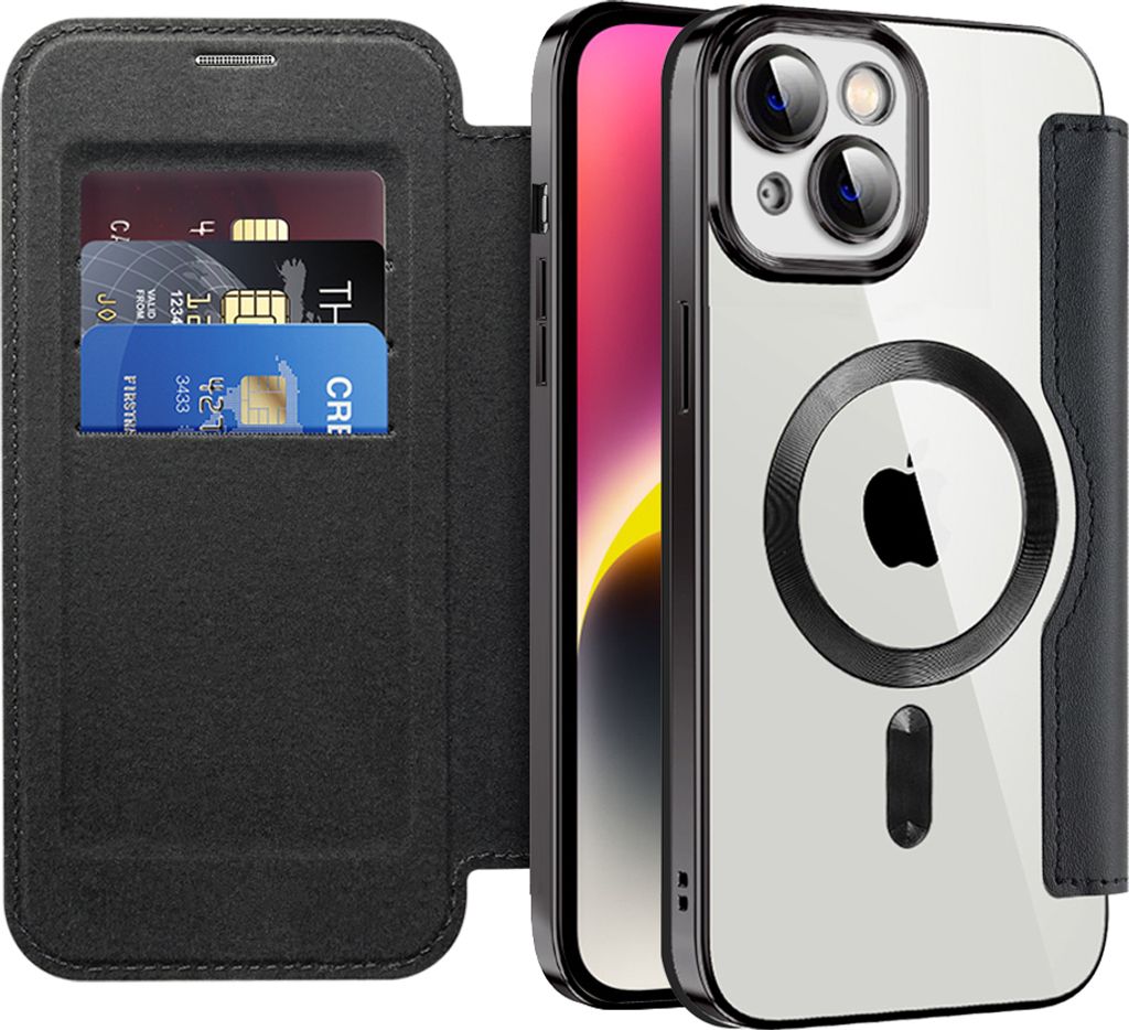 Klapphülle für iPhone 14 Kompatibel mit Magsafe, Klar Überzug Kartenhalter Ledertasche mit Kameraschutz Schwarz