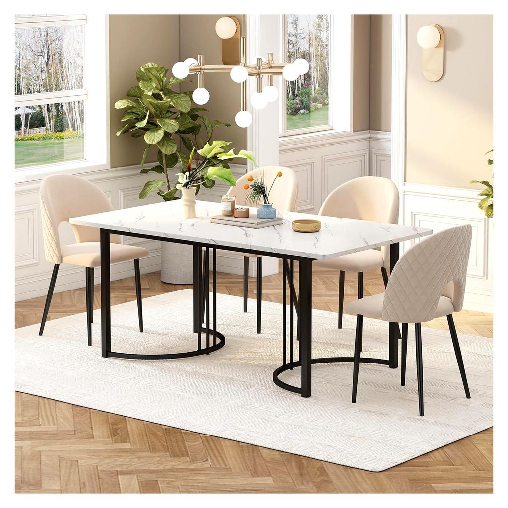 Esstisch 140x80cm, Rechteckiger Tisch mit Marmormuster, für 4-6 Personen, Metallrahmen, verstellbare Tischbeine, geeignet für Restaurant, Wohnzim...