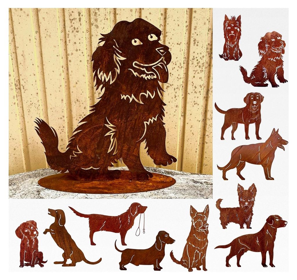 Gartenfigur Hund mit Zunge 50x45cm auf Platte Edelrost Gartendeko wetterfest