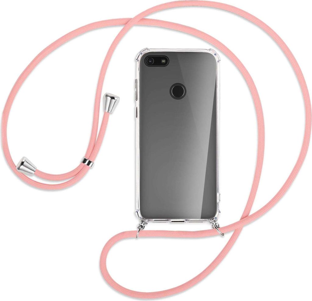 Handykette Backcover-Schutzhülle mit Band (Metall silberfarben) für Motorola Moto E6 Play - rosa