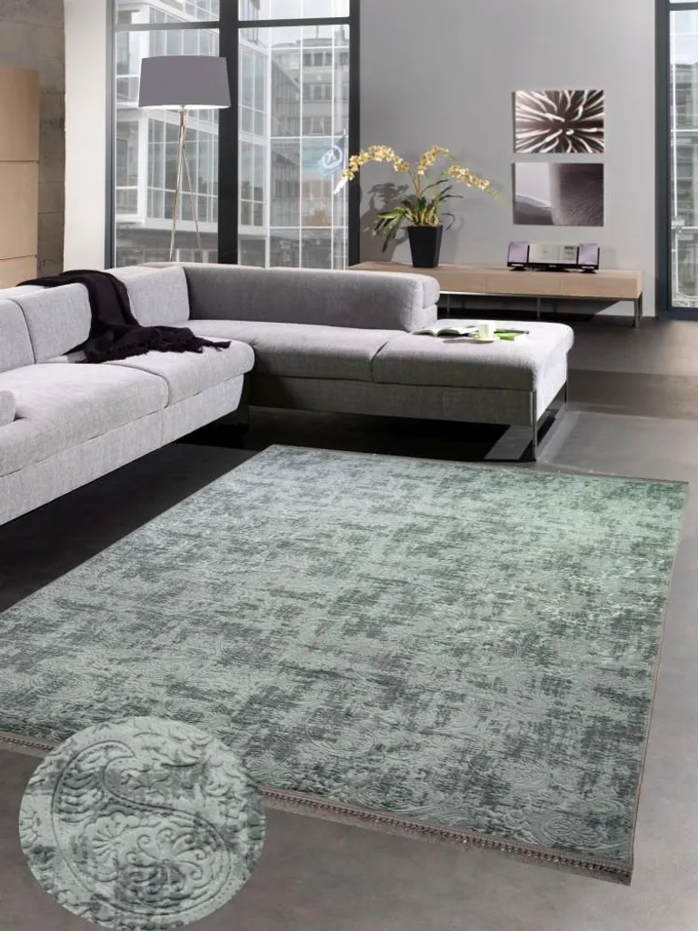 Tapis Salon Motif Cachemire Anthracite à Franges Lavable 80x150 cm
