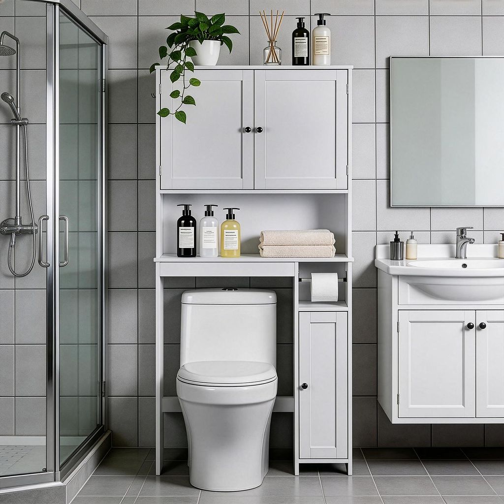 FCH Toilettenschrank 3 Türen mit Seitlicher Stauschrank, Verstellbare Ablagen, Kleine Waschmaschine, 80x20x170cm, Weiß