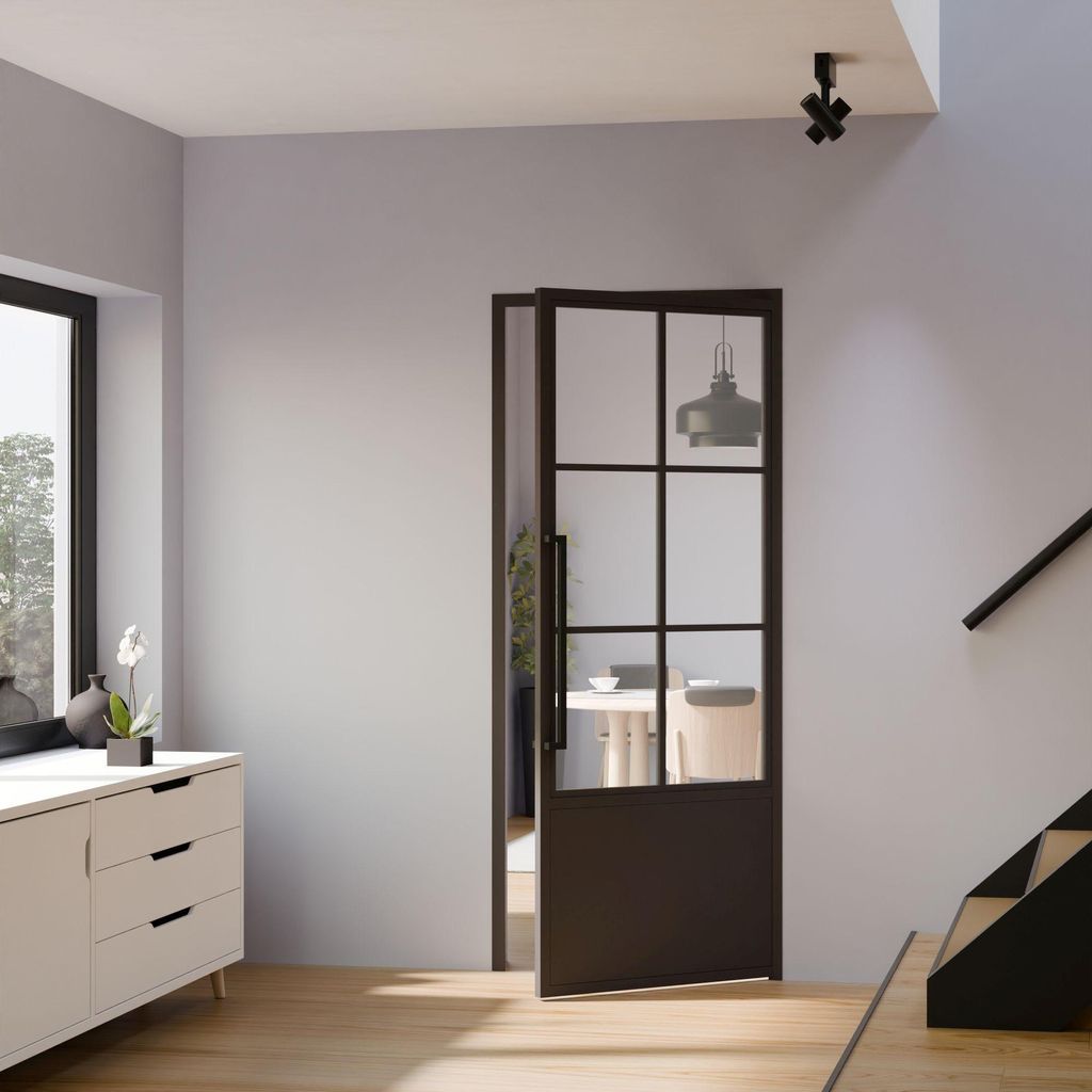 Loft Glastür 830x2115mm Klarglas DIN Rechts Komplettset 6 Felder Kickplatte mit Beschlag Griffstange und Zarge