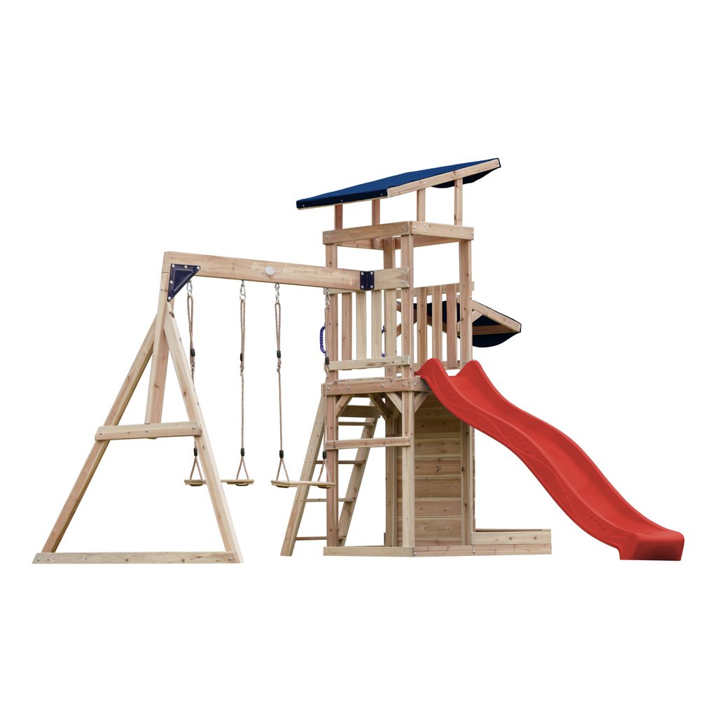 AXI Malik Spielturm aus Holz mit 2 Schaukeln | XXL Spielhaus / Spielplatz für Kinder mit Sandkasten, Spielwand & Rutsche in Rot | Schaukelgerüst ...