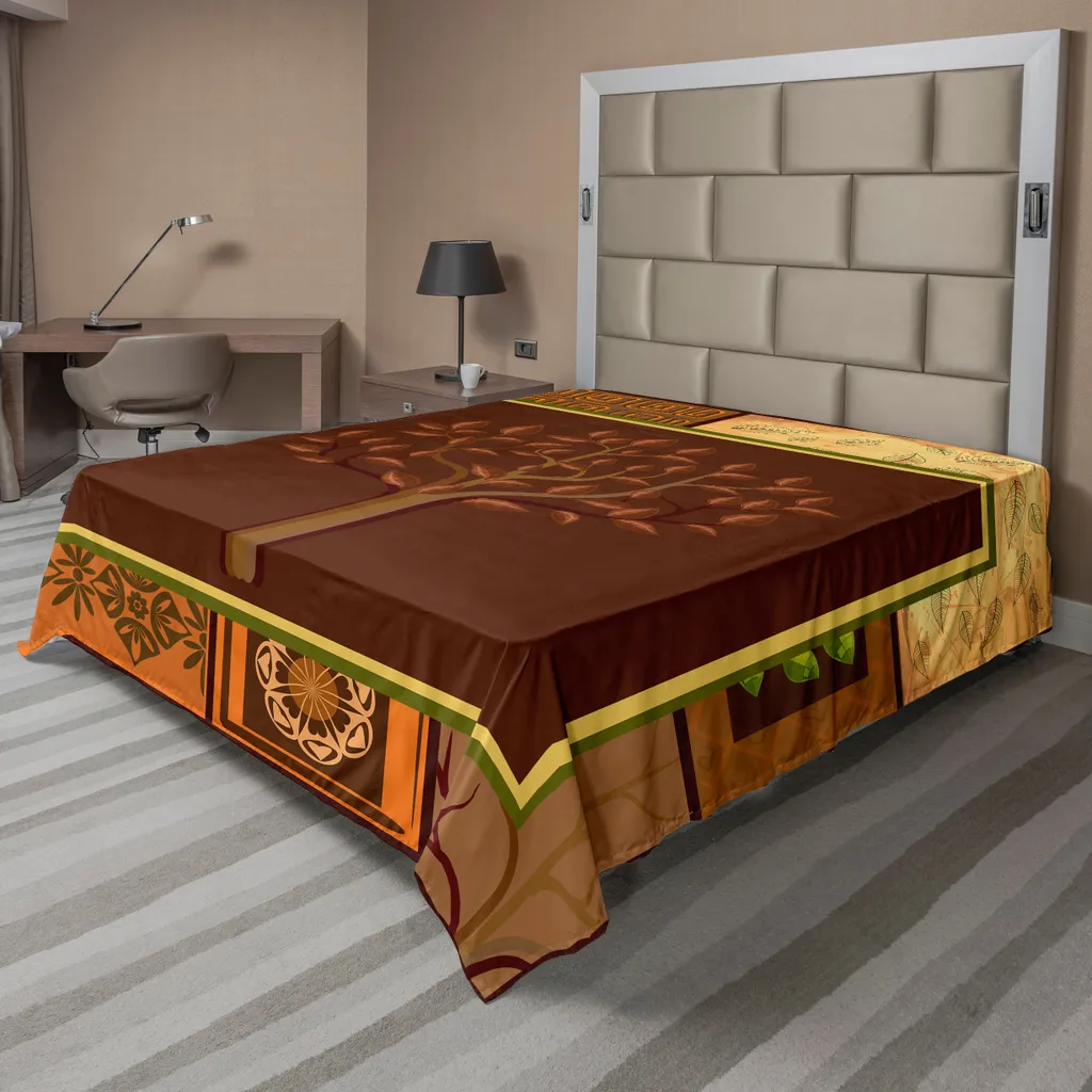 ABAKUHAUS Drap primitif lit marron vert motif tribal africain 244x205 cm