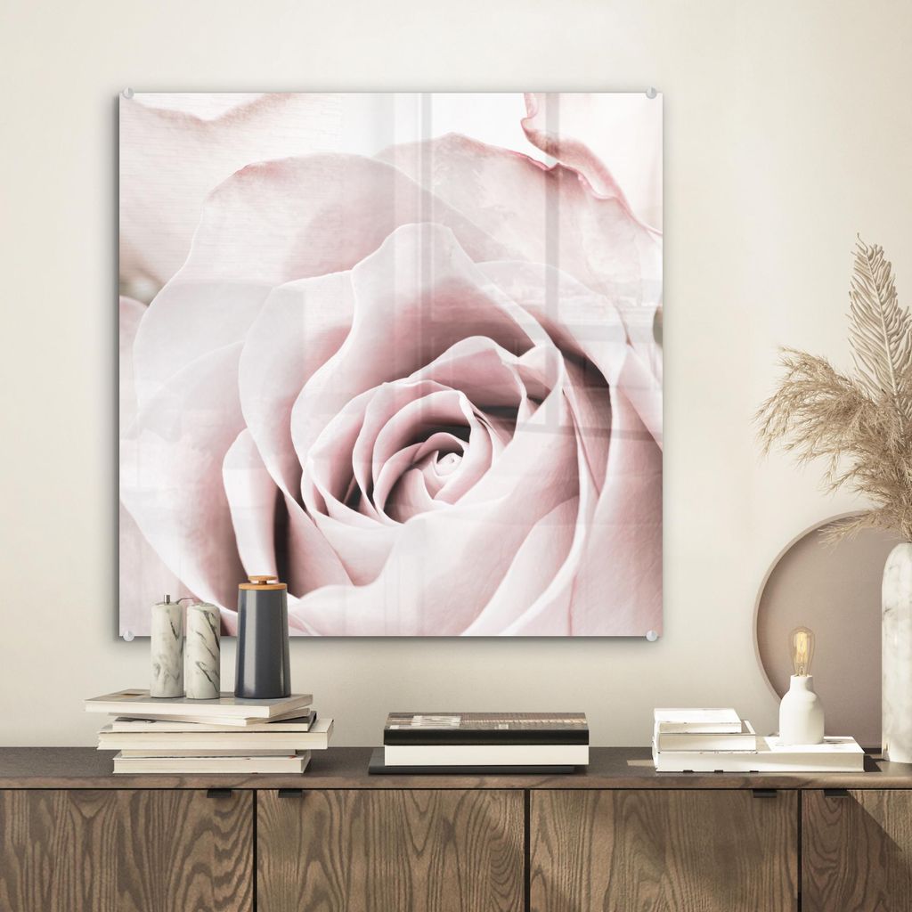 MuchoWow Glasbilder - Bilder auf Wandbild - Foto auf Glas Blumen - Rose - Rosa - Botanisch 50x50 cm Wanddekoration aus Glas - Acrylglasbild - Acryl...
