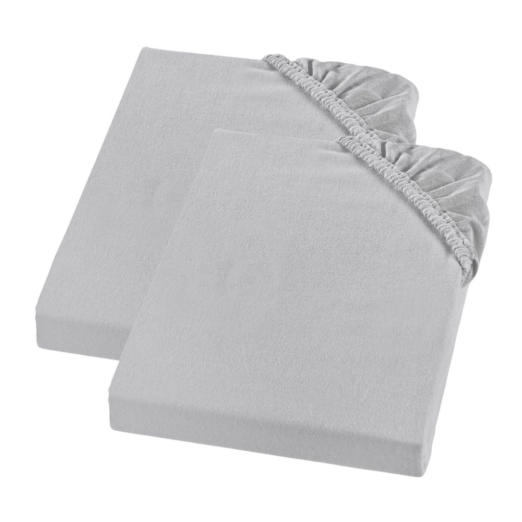 Two grey fitted sheets are stacked on top of each other against a white background.