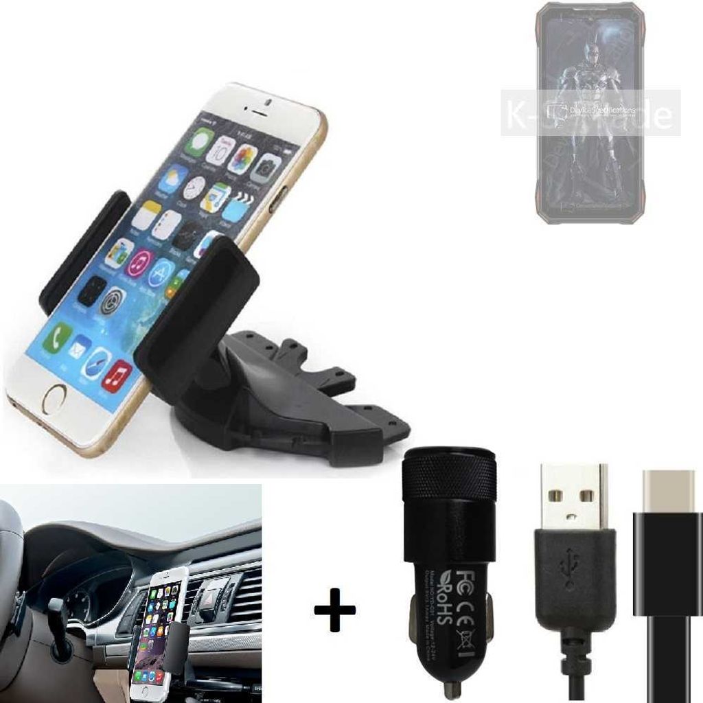 K-S-Trade CD Schlitz Handy-Halterung kompatibel mit Doogee S89 Autohalterung KFZ-Halter Radio Handy Halterung 360° drehbar CD-Schacht inkl. USB-C