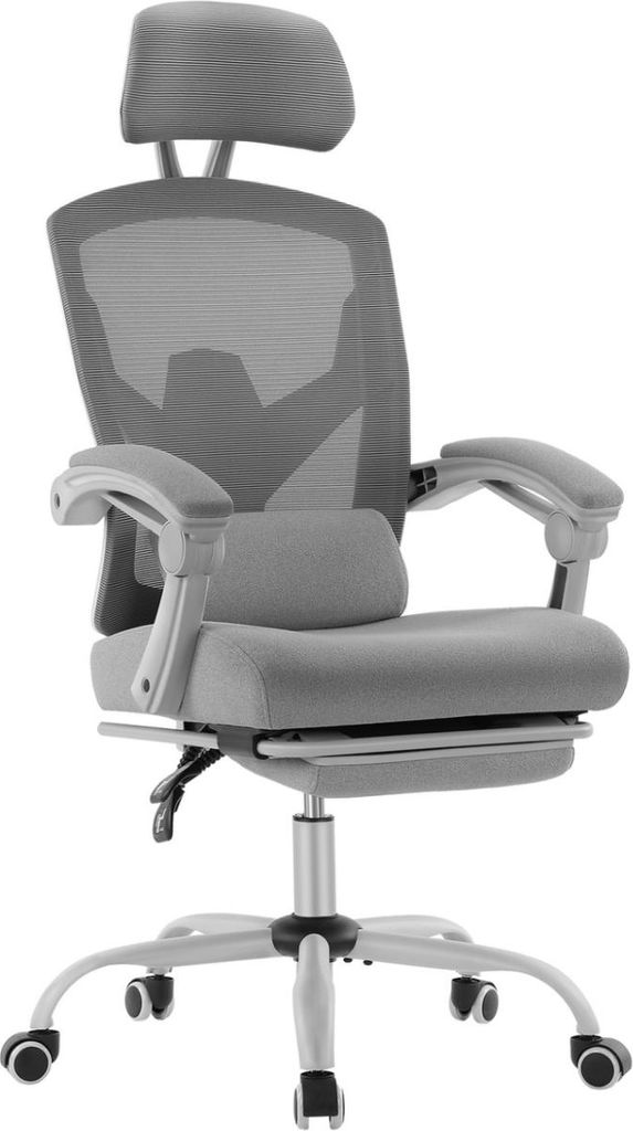 Sweiko Bürodrehstuhl mit Lendenwirbelstütze und gepolsterten Armlehnen, ausziehbare Fußstütze, ergonomisch, grau