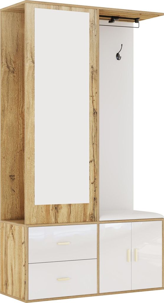 Flurgarderobe - Möbelset - Spiegel - Schuhschrank - Sitzbank mit Haken - Ausziehbare Kleiderstange - Holzrahmen - Weiß