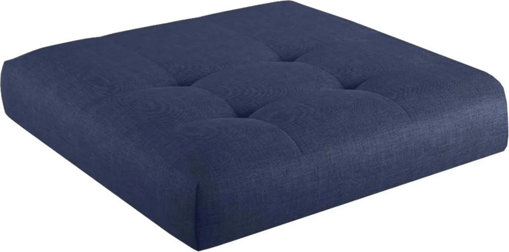 A blue tufted cushion on a white background.