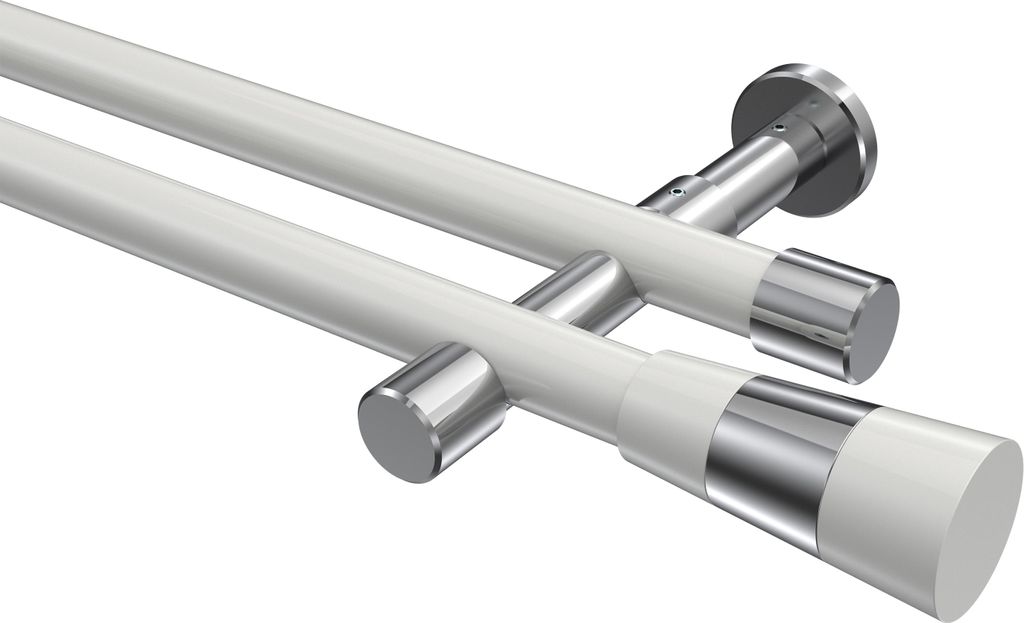 Interdeco Gardinenstange / Vorhangstange Weiß / Chrom, Typ Prestige Tanara (Konus Bicolor) ohne Ringe, 20 mm Ø 2-läufig, 420 cm