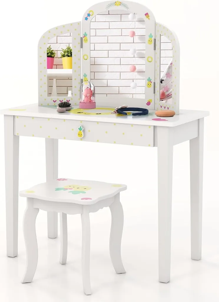 Beauty Corner Bambina COSTWAY: Toeletta 2 in 1 Ananas Style + Sgabello