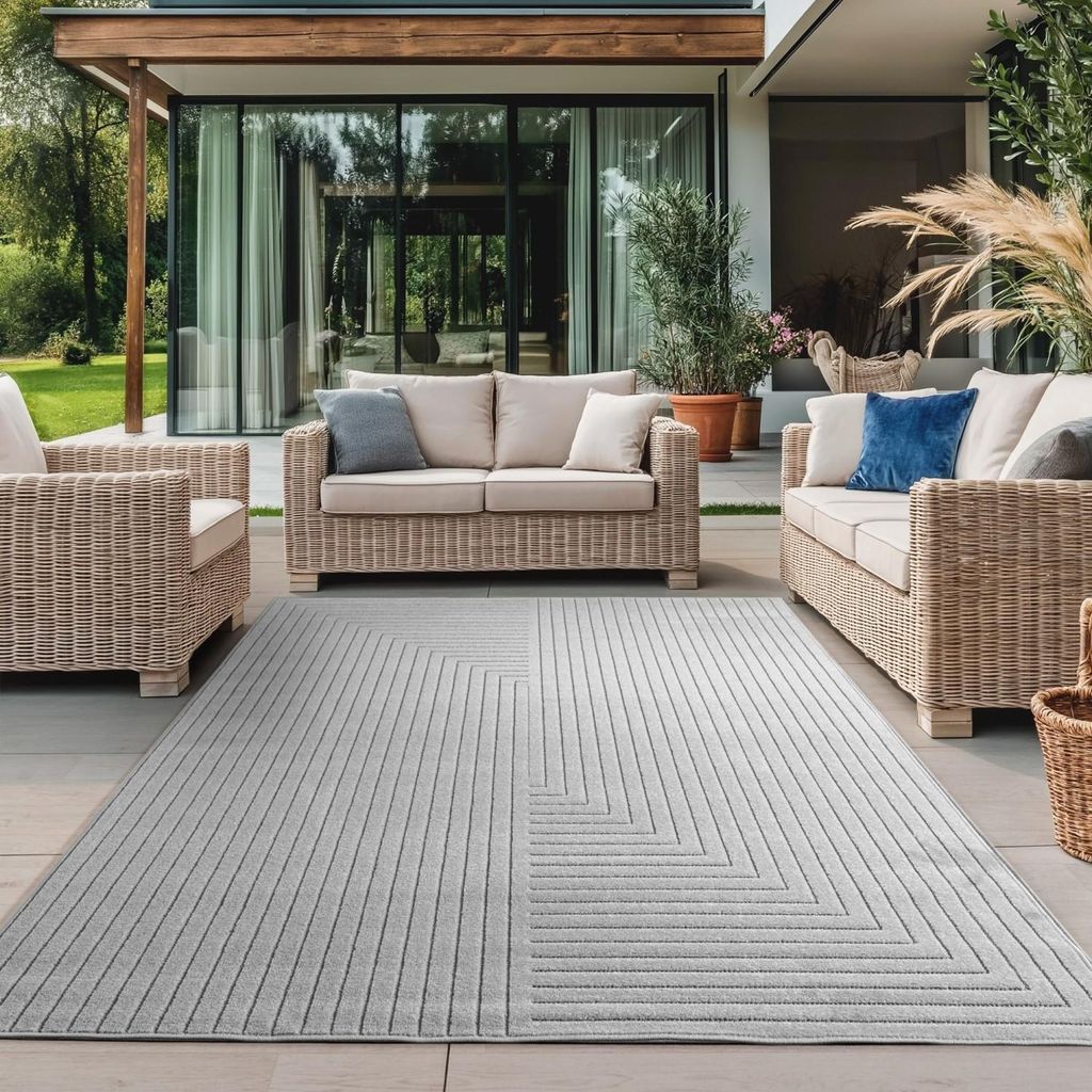 Teppich für drinnen und draußen, geeignet für Wohnzimmer, Schlafzimmer, Wintergarten, Kurzflor, grau, Hoch-Tief-Effekt, weich 280 x 370 cm