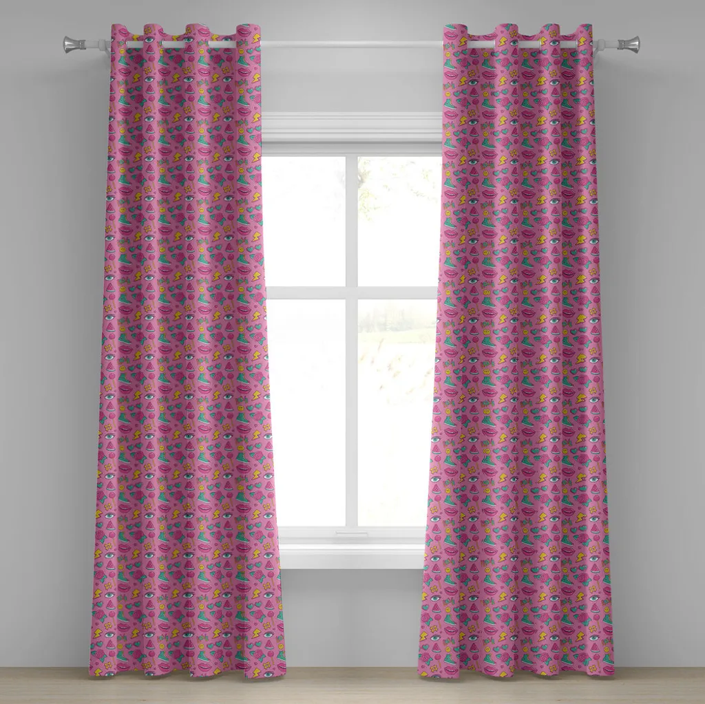 Paire de rideaux décoratifs 280x175cm motifs emojis rétro Pop Art rose