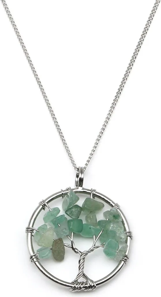 Collier en Pierre Naturelle Aventurine et Pendentif Arbre de vie Argent