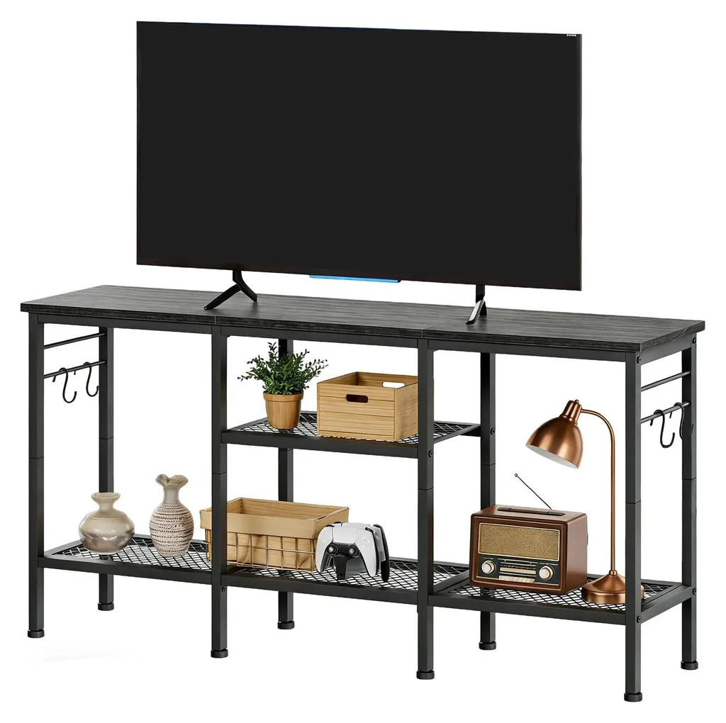 Meuble TV bas moderne 140 cm en métal et bois noir avec support barre de son