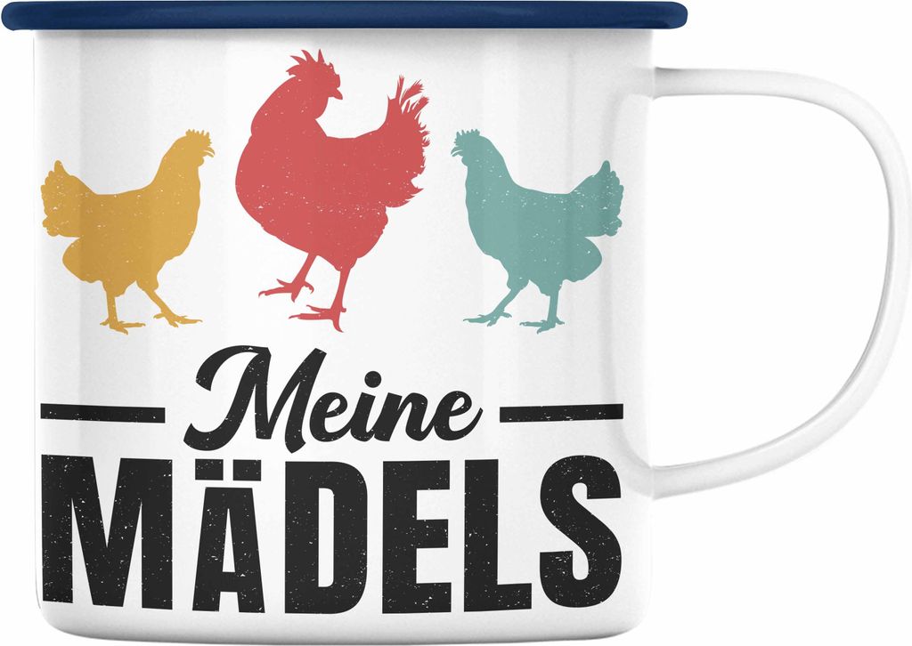 Trendation - Meine Mädels Emaille Tasse Geschenk Spruch Hühner Bauer Bäuerin Landwirt Geschenkidee (Blau)