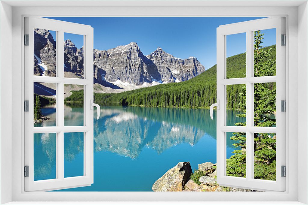 Wallario Poster mit Fenster-Illusion: Tiefblauer See mit Produktbild 