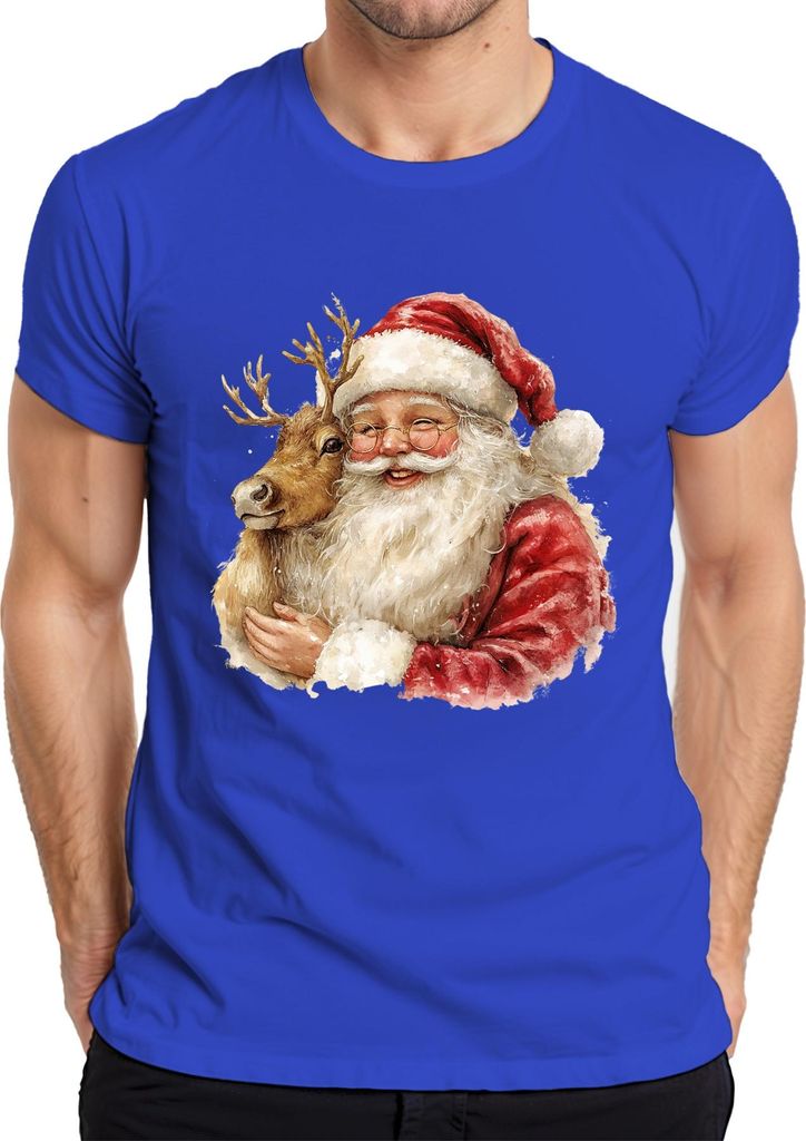 Weihnachtsmann Rentier Aquarell Weihnachten Geschenk Vintage Herren T-Shirt, Blau, 3XL
