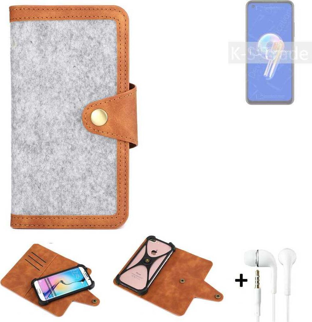 K-S-Trade Handyhülle + Kopfhörer kompatibel mit Asus Zenfone 9 Schutzhülle Filz Hülle Kunstleder hellgrau braun (1x)