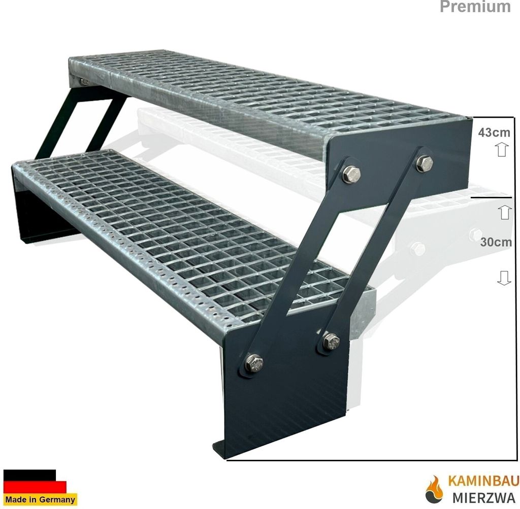 Gitterrost Stahl Wangentreppe 2 Stufen Verstellbar Verzinkt & Anthrazit Pulverlackierte Wangen Breite 60cm x Höhe Verstellbar 30-43 cm