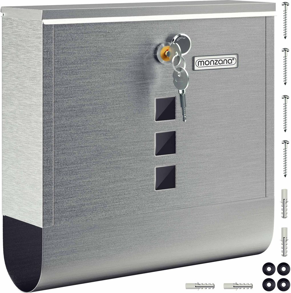 A silver mailbox with keys and mounting hardware.