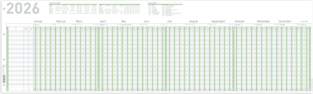 A yearly planner with a grid layout for tracking dates and events.