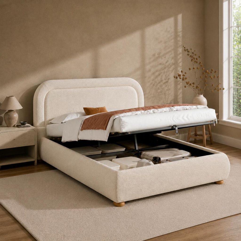Boxspringbed 140 x 190 cm met hydraulische opbergruimte, Productafbeelding  AI-gegenereerde afbeelding