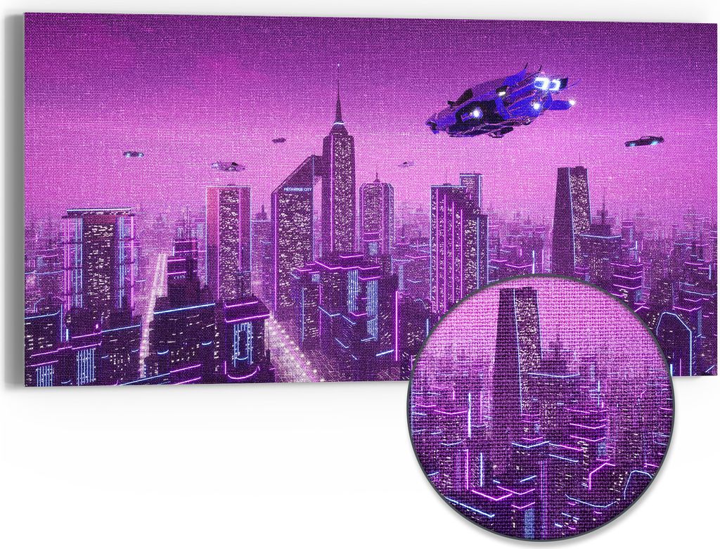 DEQORI Hybrid Leinwand Bild 60x30 cm 'Futuristische Metropole' Wandbild Glas flach modern