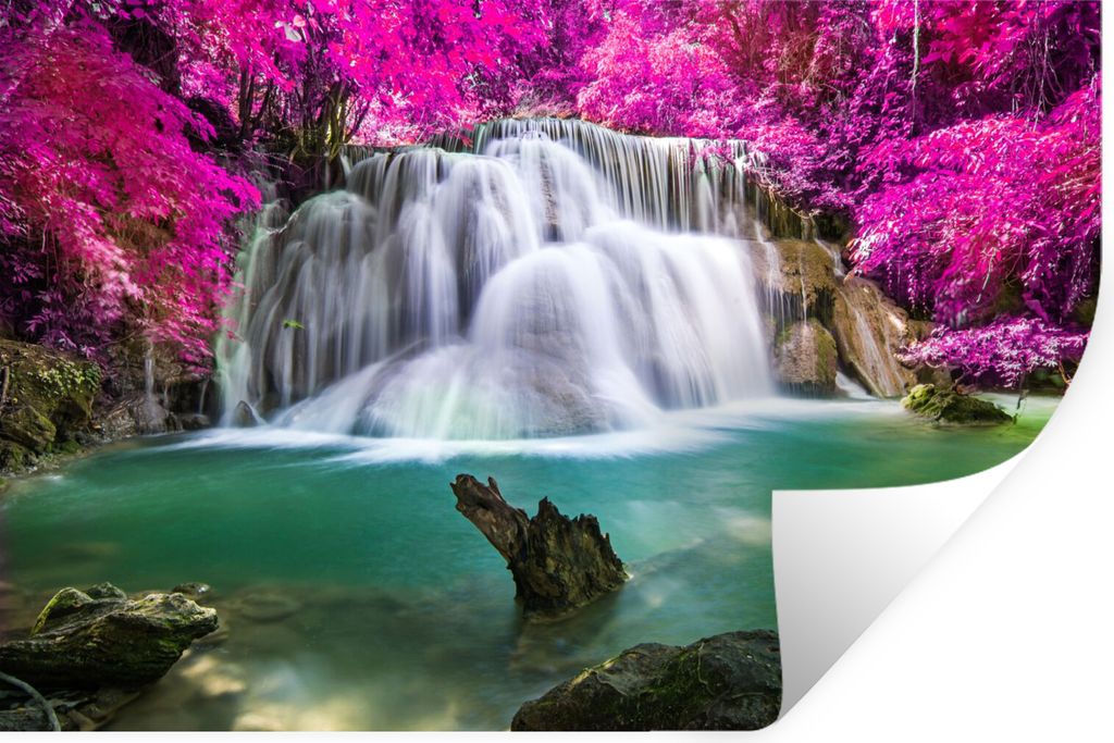 MuchoWow Wandtattoo Wandsticker Wandaufkleber Wasserfall - Rosa - Bäume 90x60 cm Selbstklebend und Repositionierbar - Aufkleber