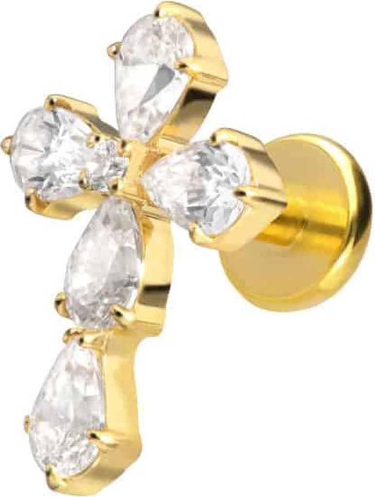 Ohrpiercing, Nasenpiercing Titan Labret mit Push Fit KRISTALLKREUZ Gold Stablänge: 6mm | Stabstärke: 1mm