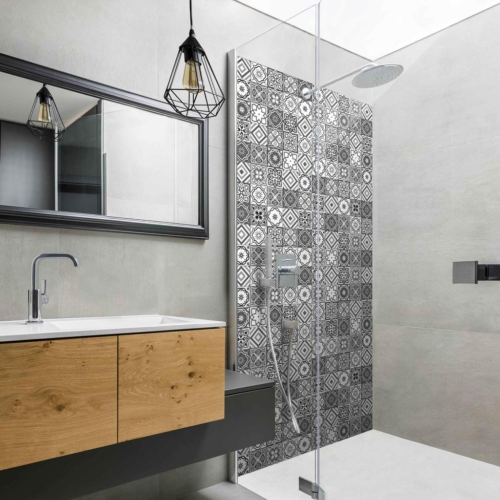Duschrückwand Muster selbstklebend - 0.35 mm Wandpaneel wasserfest Design grau Fliesenoptik Illustration Badrückwand fugenlos Smart matt 110x210 cm