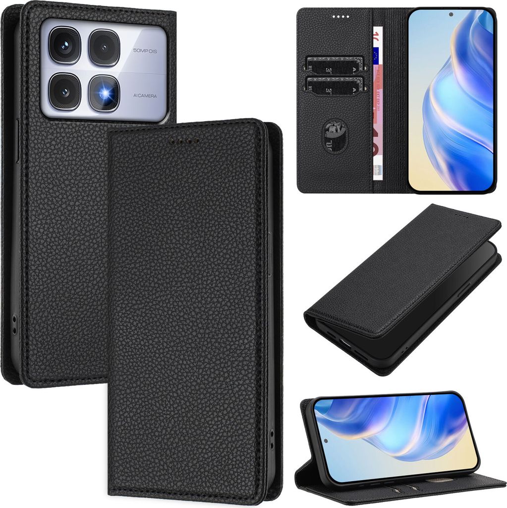 Litchi Leder Handyhülle für Xiaomi Redmi K70 Ultra Wallet Kartenfächer Standfunktion Hülle Schwarz