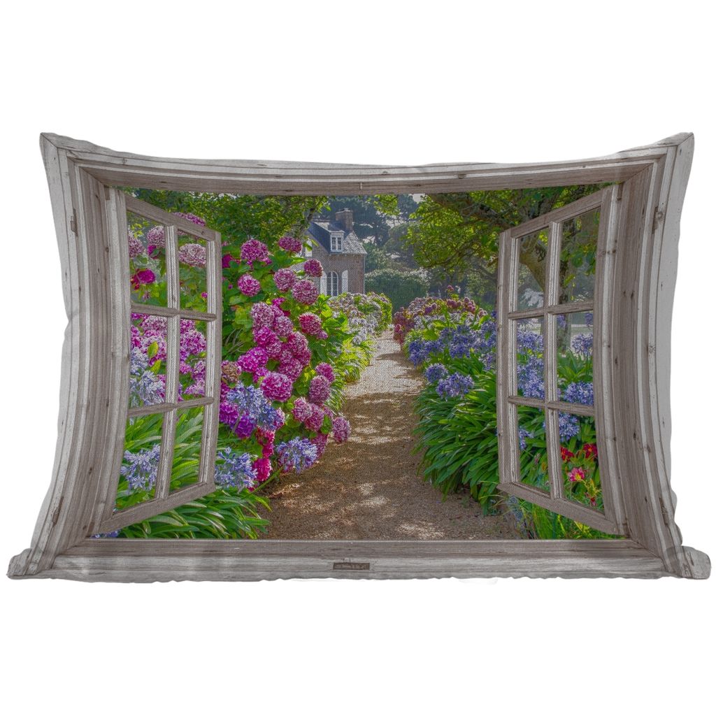 MuchoWow Outdoor Kissen - Hortensie - Durchsichtig - Blumen - Sommer - Lila - Weg - 60x40 cm - Wetterfest - Lounge Kissen - Zierkissen - Kissen f...