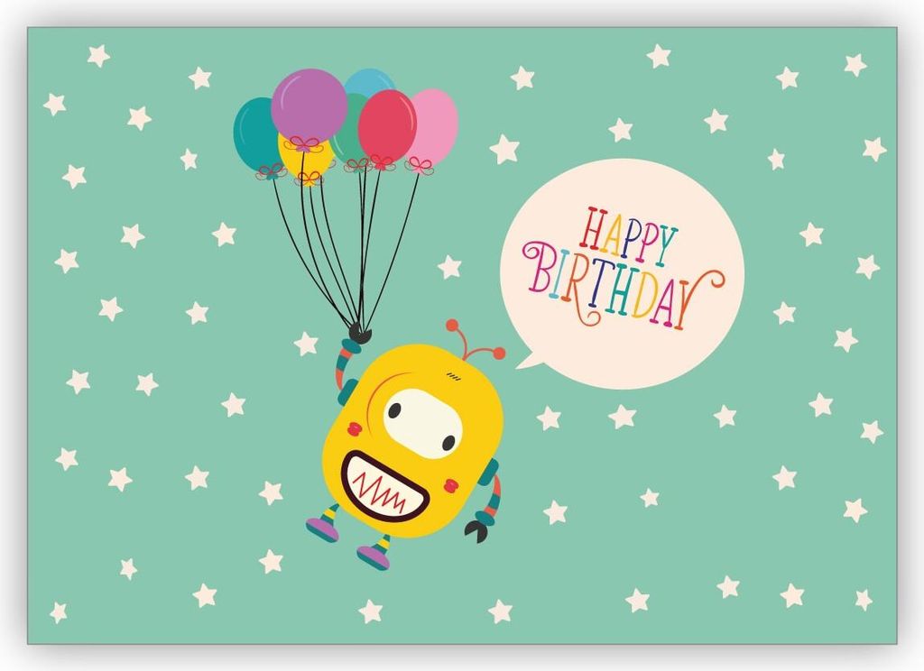 Niedliche Geburtstags Glückwunschkarte mit fliegendem Roboter an Luftballons auf Sternen: Happy Birthday