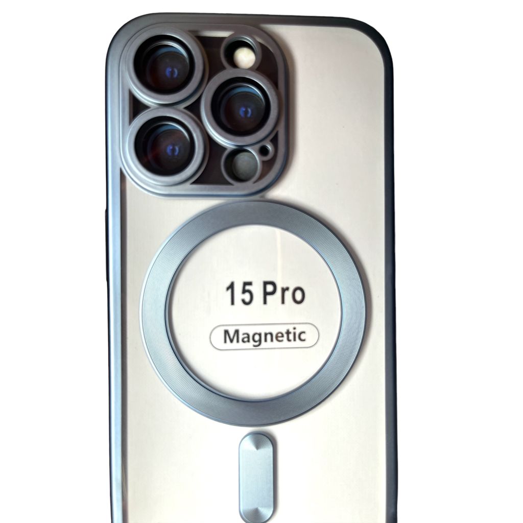 Premium MagSafe kompatibel mit Apple iPhone 15 Pro Transparent Silberblau Schutzhülle Stylisch mit 'integriertem Kameraschutz' und starkem Magnetring