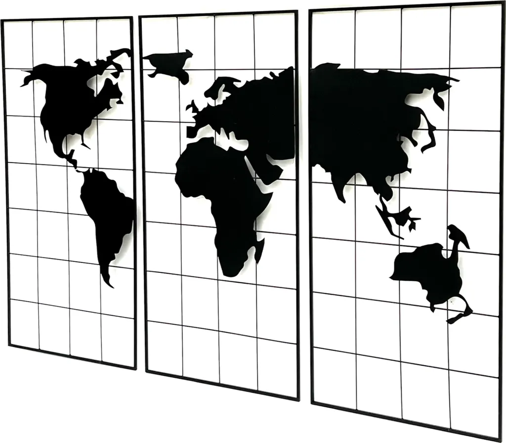 Tableau Mural Atlas Mondial en Acier Noir 170x100 cm - Panneau Décoratif