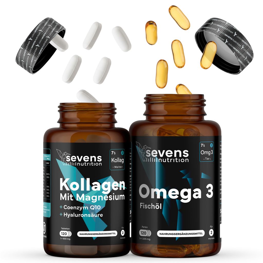 Kollagen Hydrolysat 120 Tabletten mit Hyaluronsäure & Q10 + Omega 3 2000 mg 120 Kapseln mit EPA DHA – Set – Sevens Nutrition