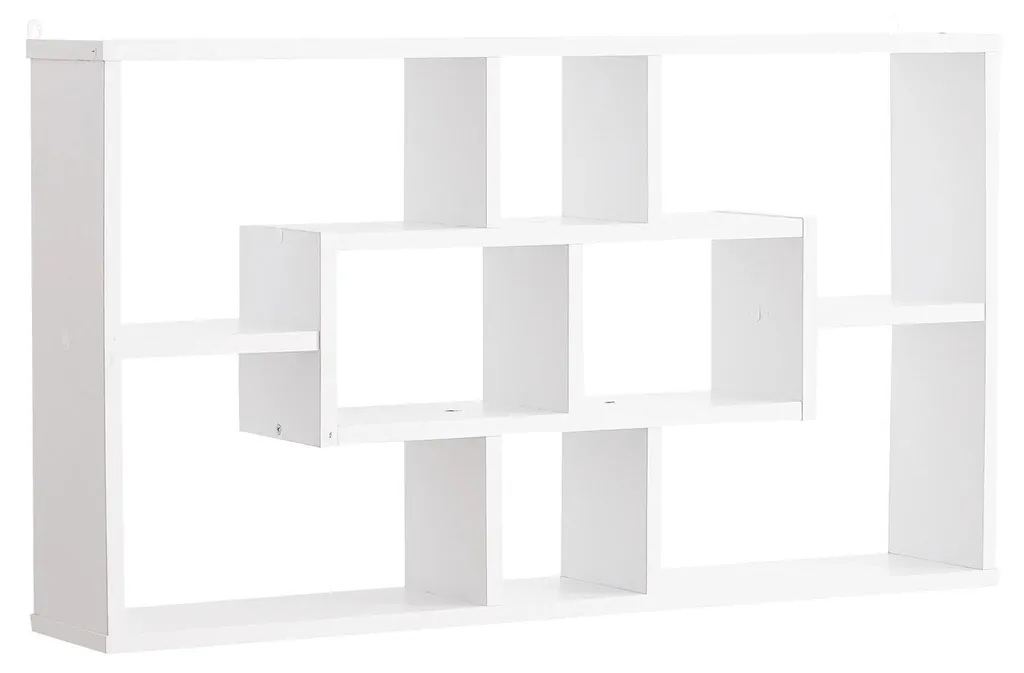 Étagère murale gain de place blanche, 8 tablettes bois pour séjour