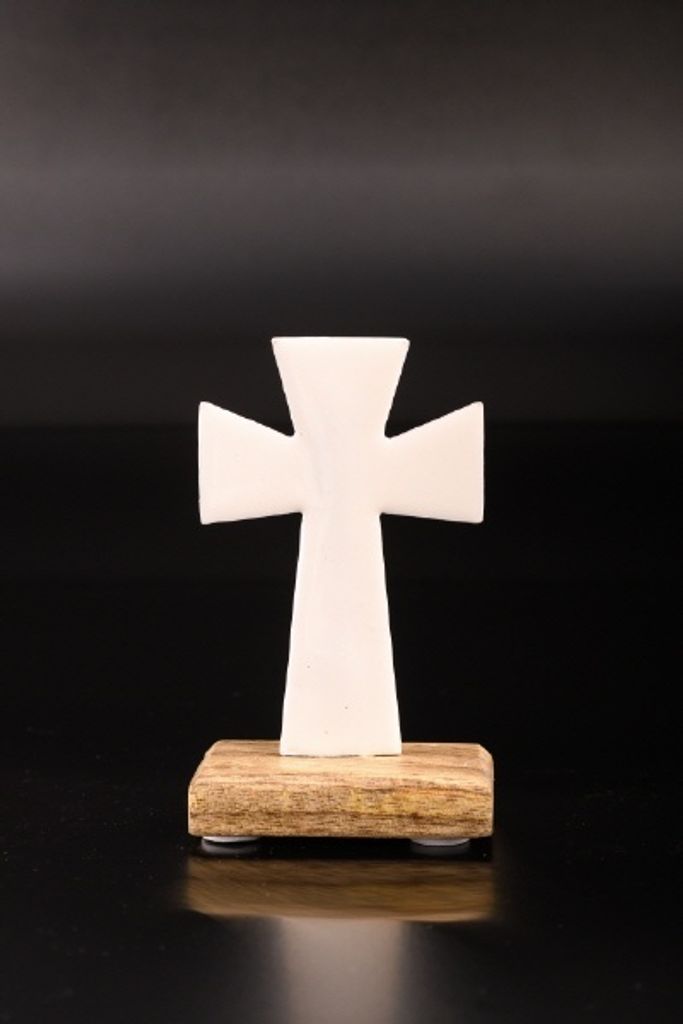 Stehkreuz aus Metall mit Holzbasis, Höhe 10 cm