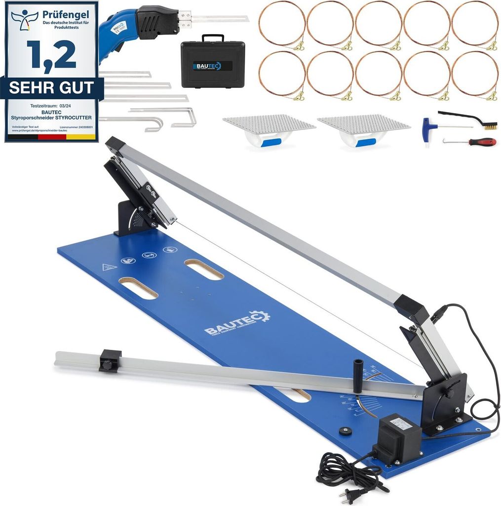 BAUTEC Styroporschneider GAZELLE 2 + STYROCUTTER 250W (Dauerbetrieb) » inkl. 10 Schneidedrähte, Schleifraspel, Klingenset