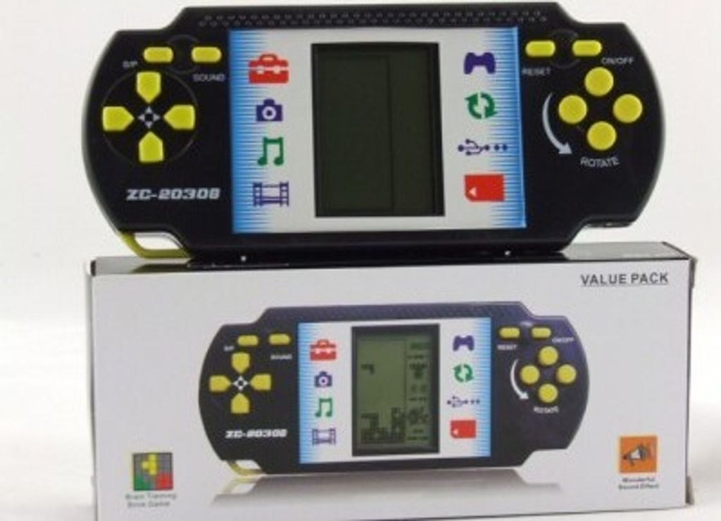 A handheld gaming console and its packaging.