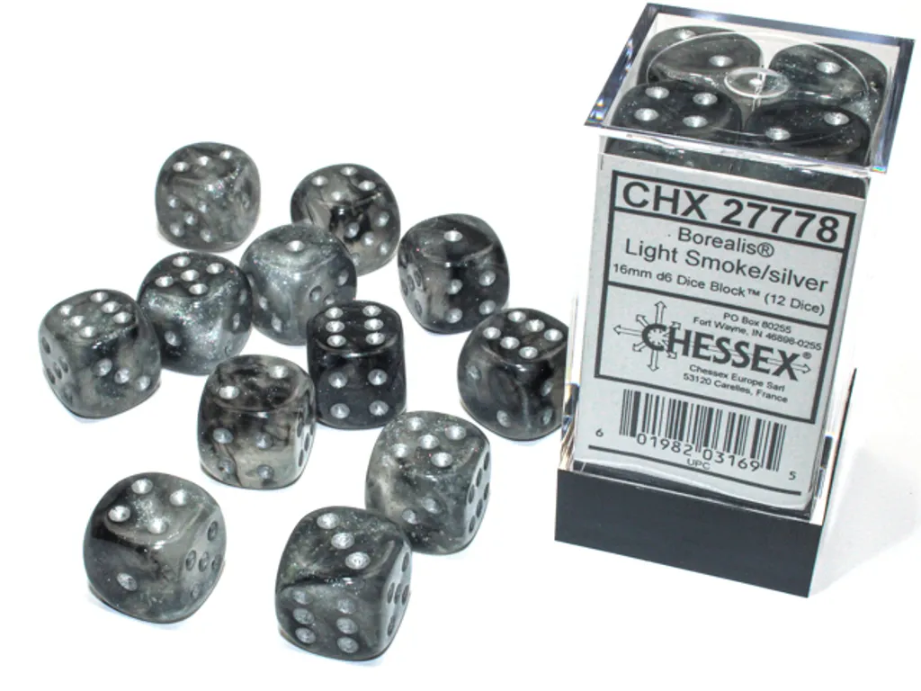 Dés D6 16mm Lumineux Chessex Borealis Silver - Finition Fumée Argentée