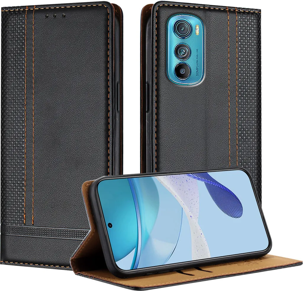 Custodia Motorola Edge 30 in Pelle Nera - Protezione Libretto con Stand