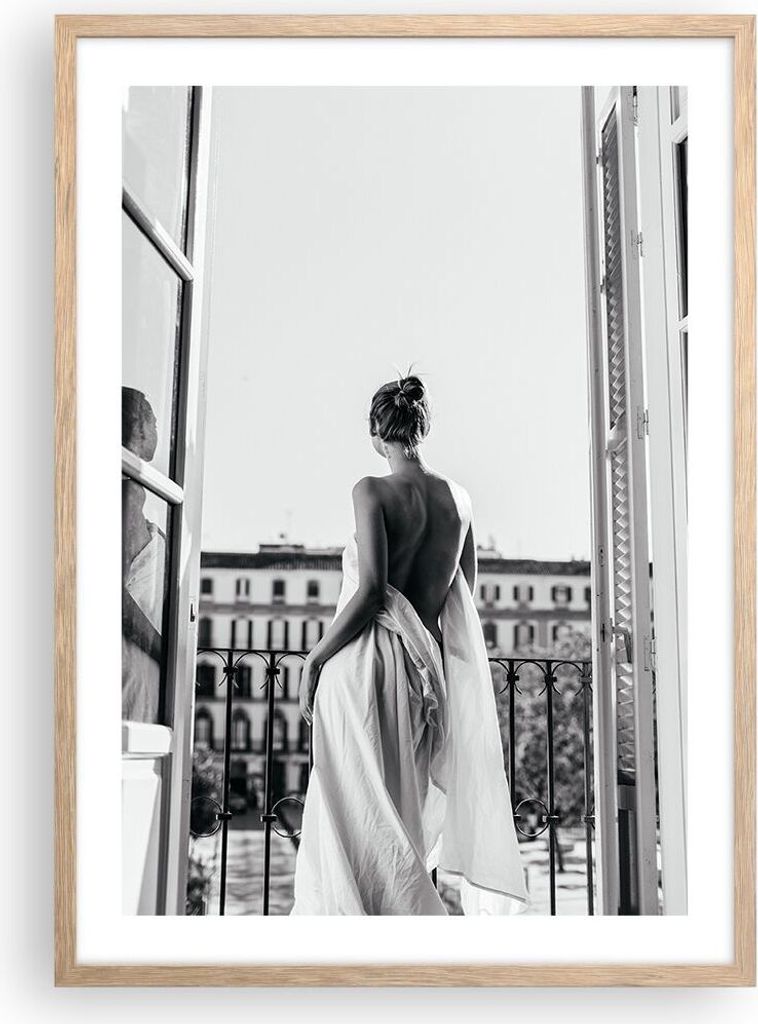 Gerahmtes Poster - Rahmen in heller Eiche - Sinnlich Frau Balkon - 50x70 cm - Wand Bild - Wanddeko - Wandbilder - Kunstposter - Wandposter - Bilder...