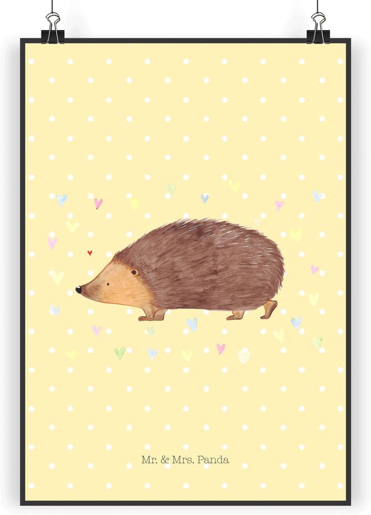 Mr. & Mrs. Panda Bild Igel Herzen DIN A5 - Gelb Pastell - Geschenk, wandkunst, wanddeko, Vertrauen, Lustige Sprüche, Herz, Wandbild, Kuss, Wanddek...