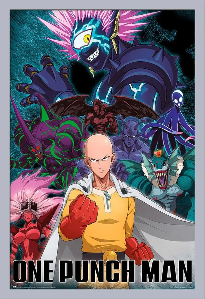 Tableau One Punch Man Saitama encadré sous verre acrylique argenté 61x91